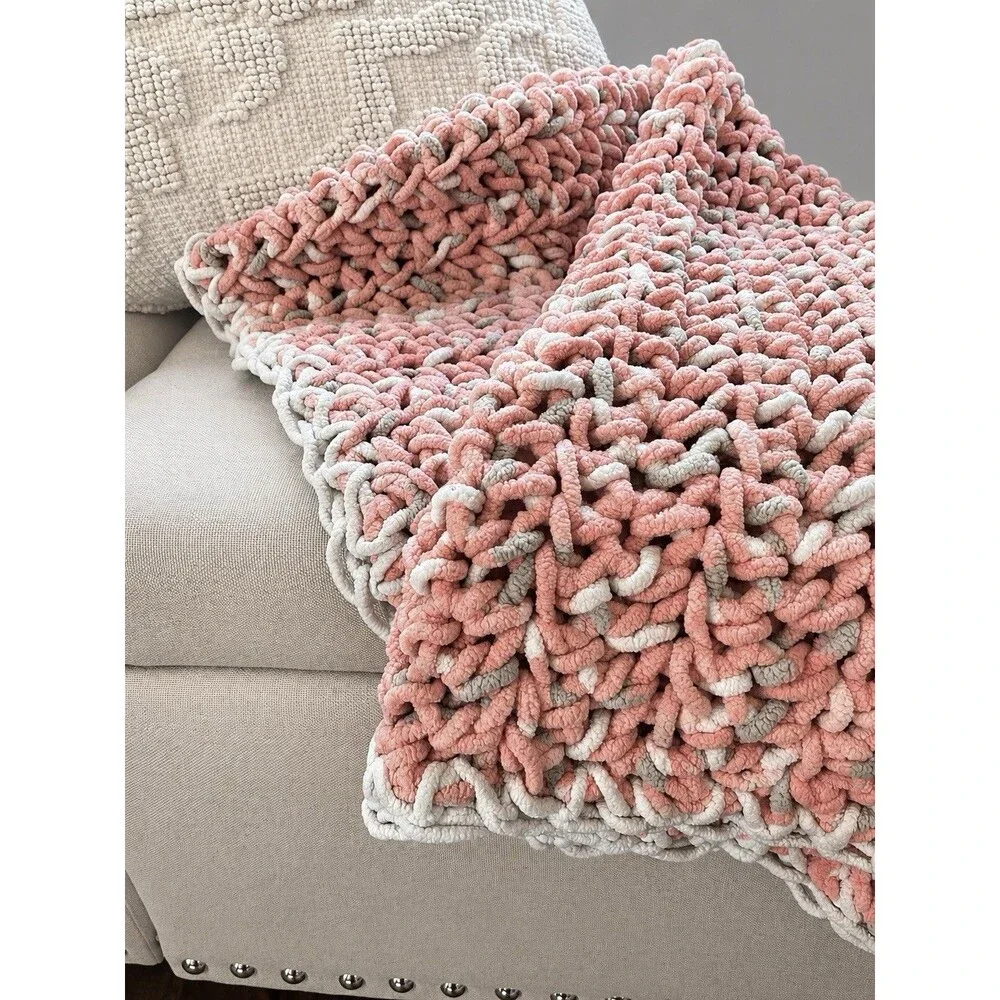 Handmade Baby Blanket Pink White Chunky Knit Chenille Throw Plush Crochet 32x32